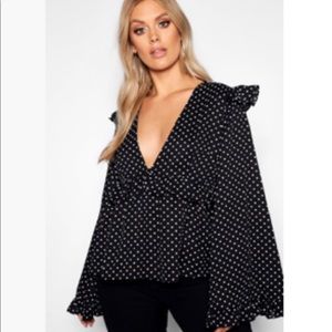 Boohoo deep V polka dot going out long sleeve size 12